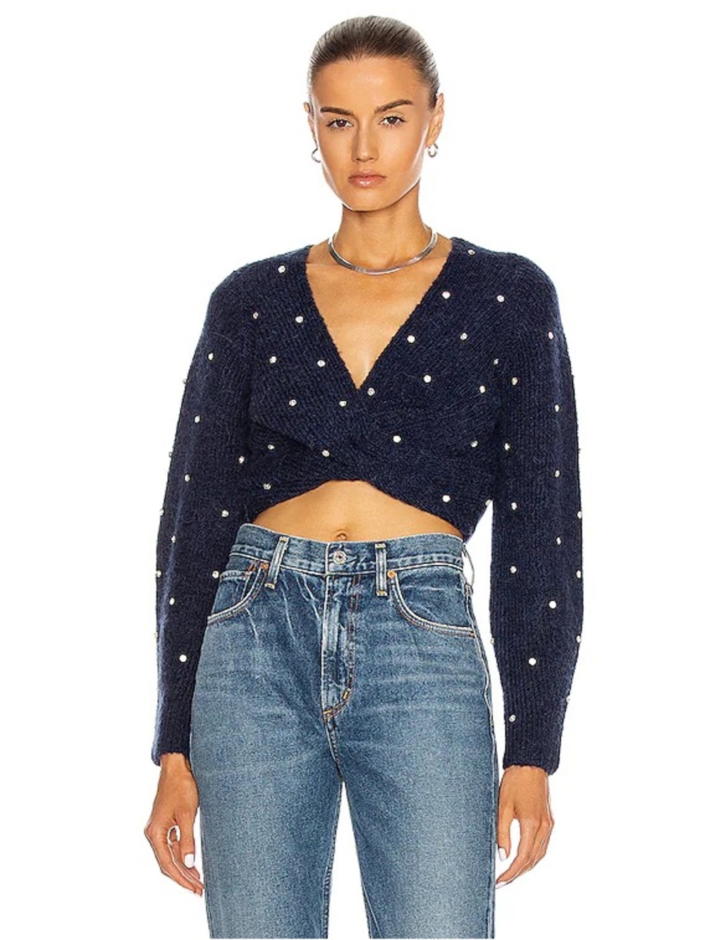 Self-Portrait Navy Pearl-Embellished Cropped V-Neck Sweater